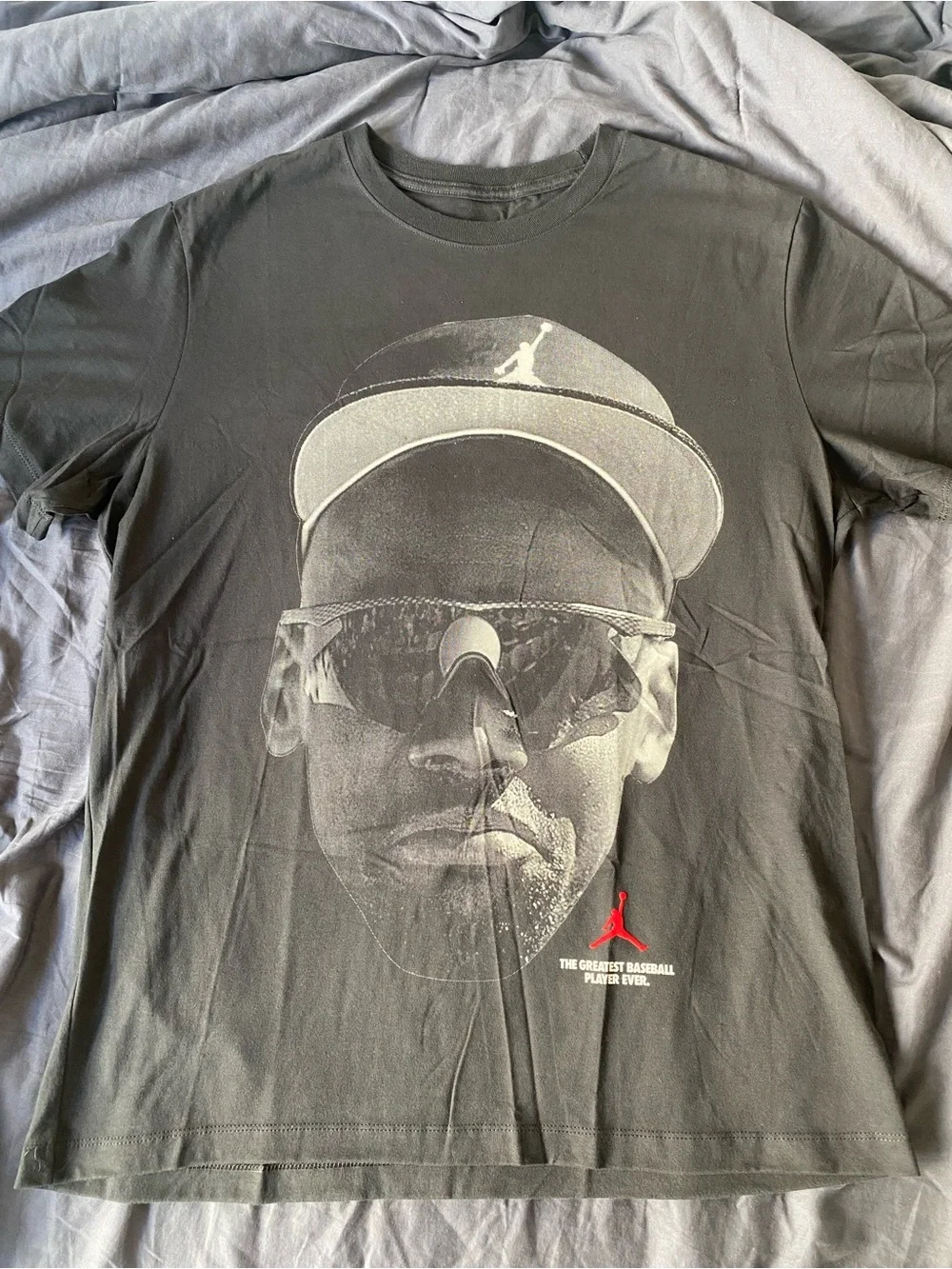 Jordan Black Graphic Baseball Player Face Tee with Red Jumpman